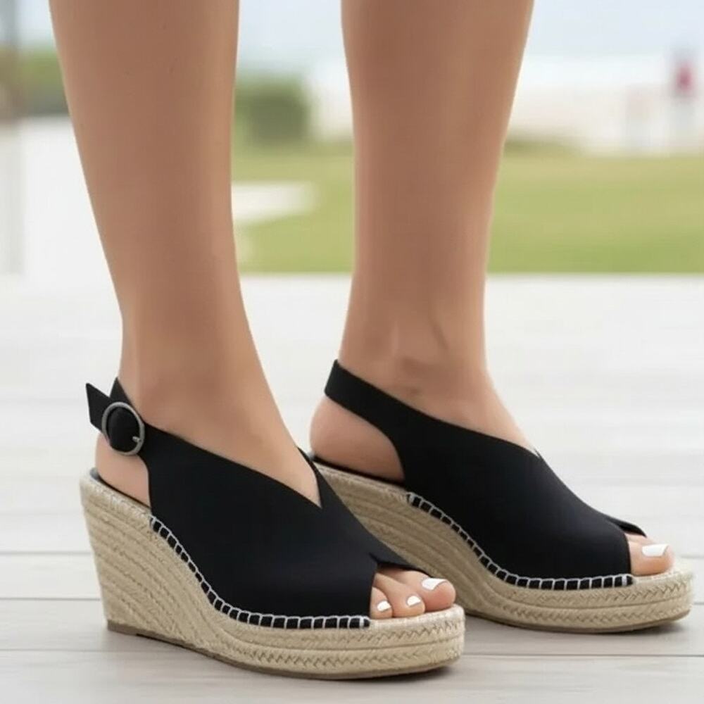 Seychelles Promenade Peep Toe Espadrille Wedges Black Suede Sz 7 NIB